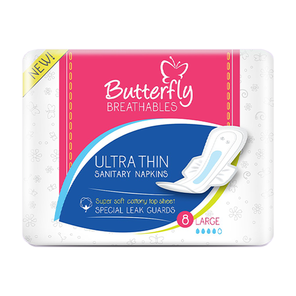 Butterfly Breathables Ultra-Thin Cottony Sanitary Pads Long 8 Pcs