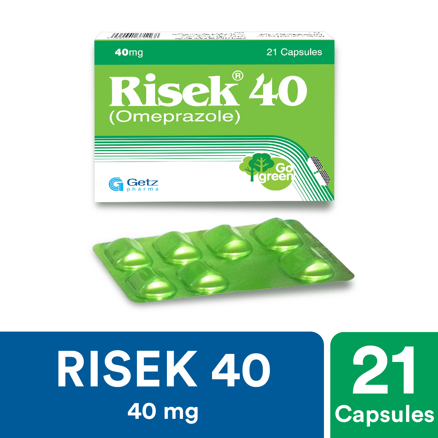 Risek Capsules 40Mg (1 Box = 3 Strips) (1 Strip = 7 Capsules)
